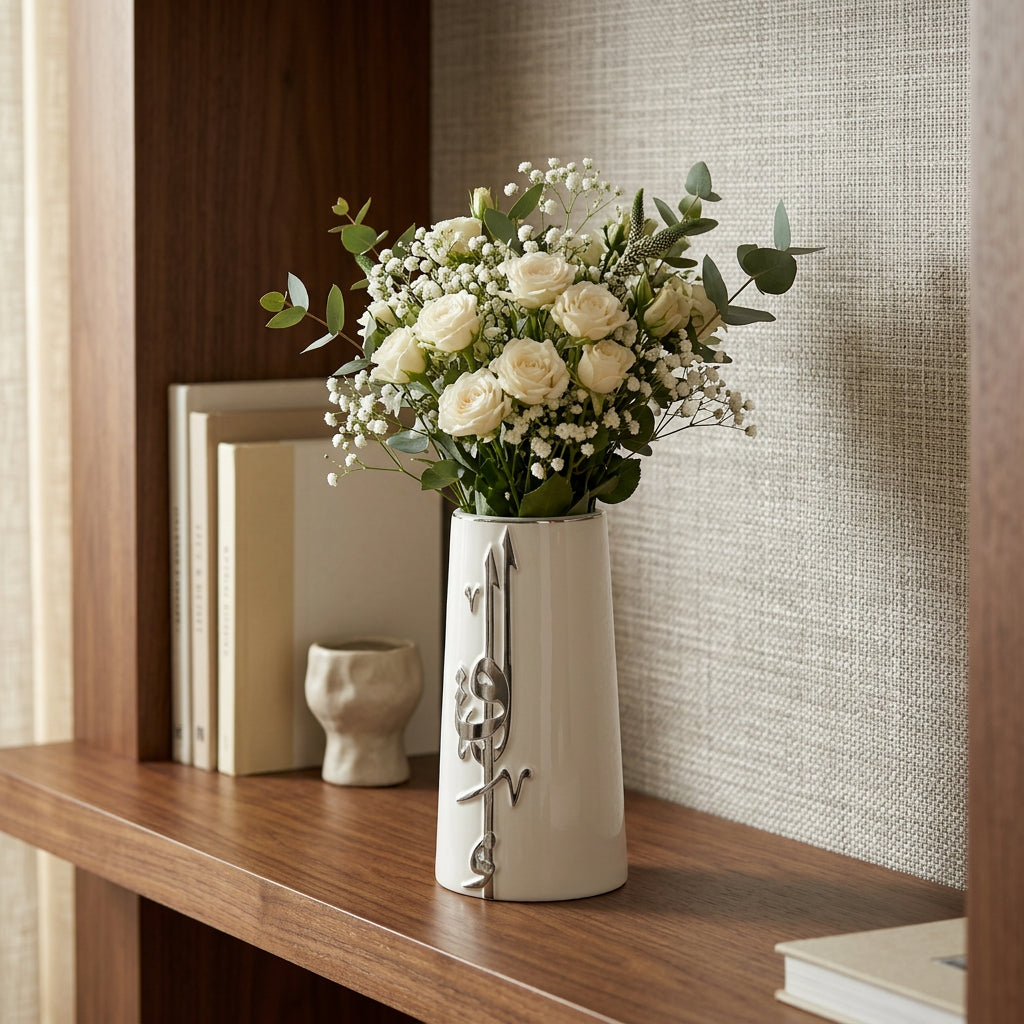 Liqa'a - Medium Decorative Vase - Pearl White & Silver