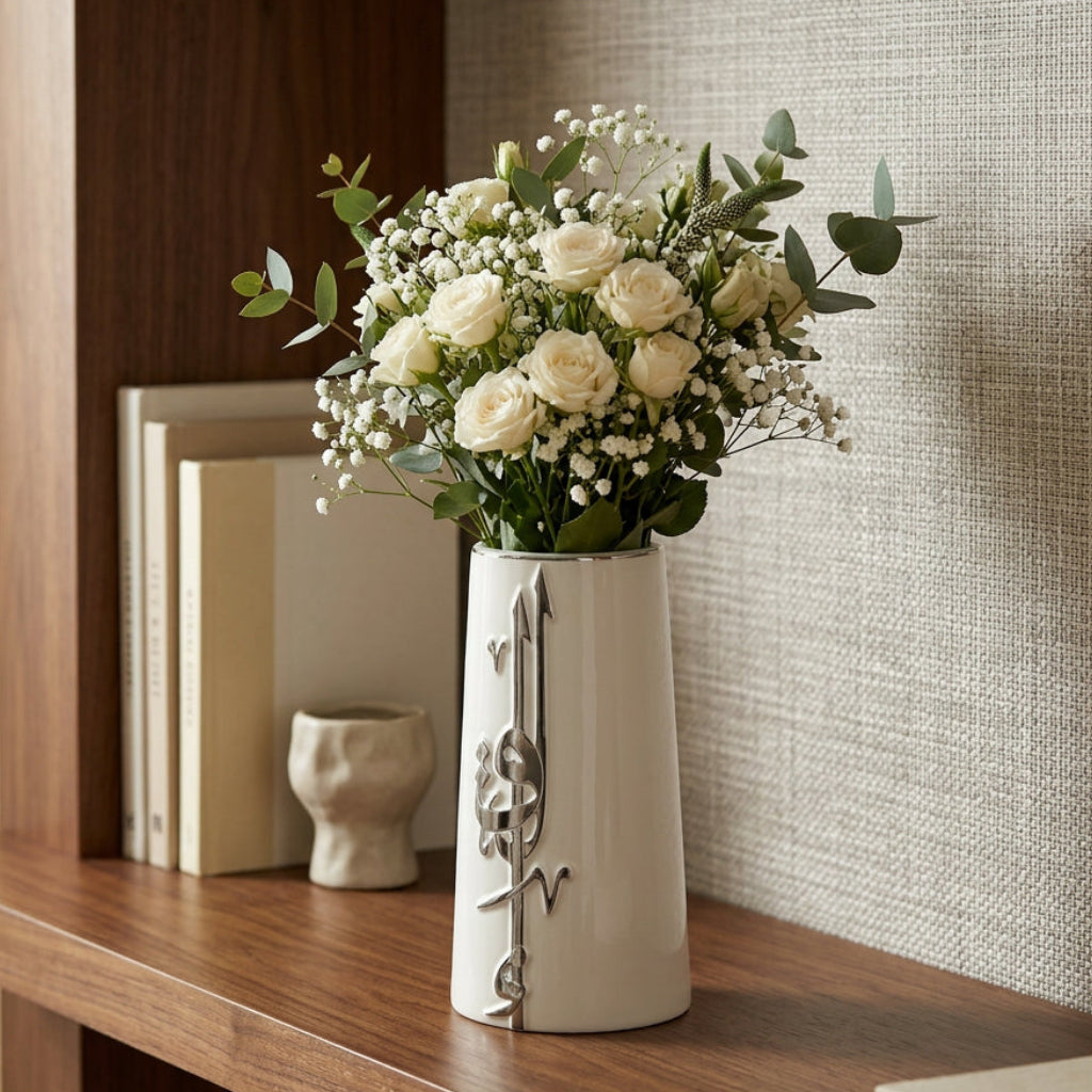 Liqa'a - Medium Decorative Vase - Pearl White & Silver