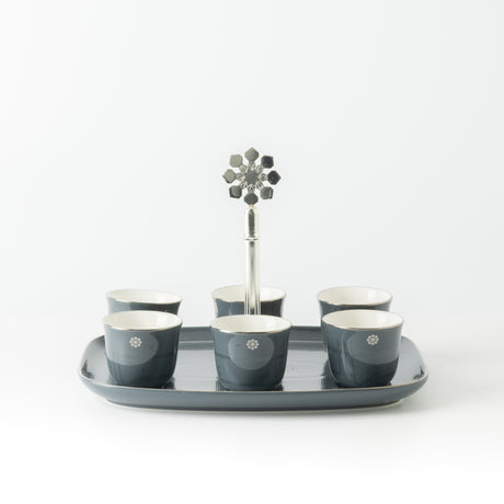 Mirral - Arabic Coffee Cups With Holder - Dark Blue & Silver