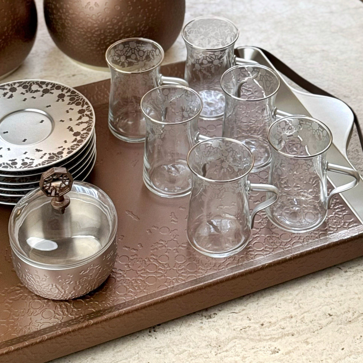 Nourhan -  Tea Set (19-Pc) - Bronze & Silver