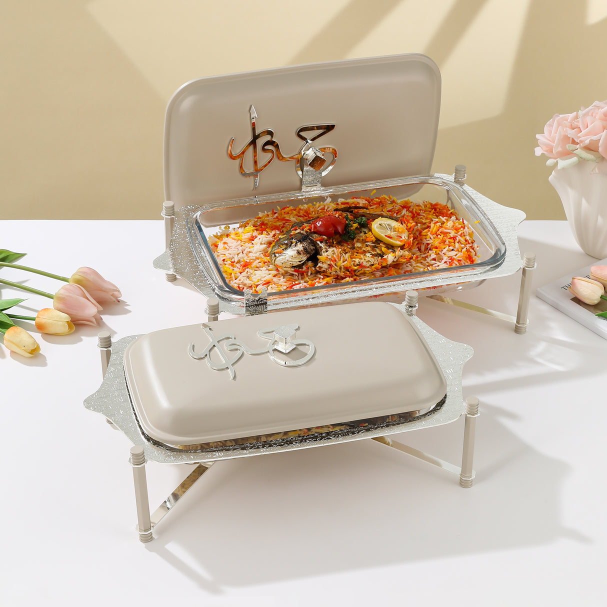 Bundle- Jiwar Pyrex Chafer Set - Beige & Silver