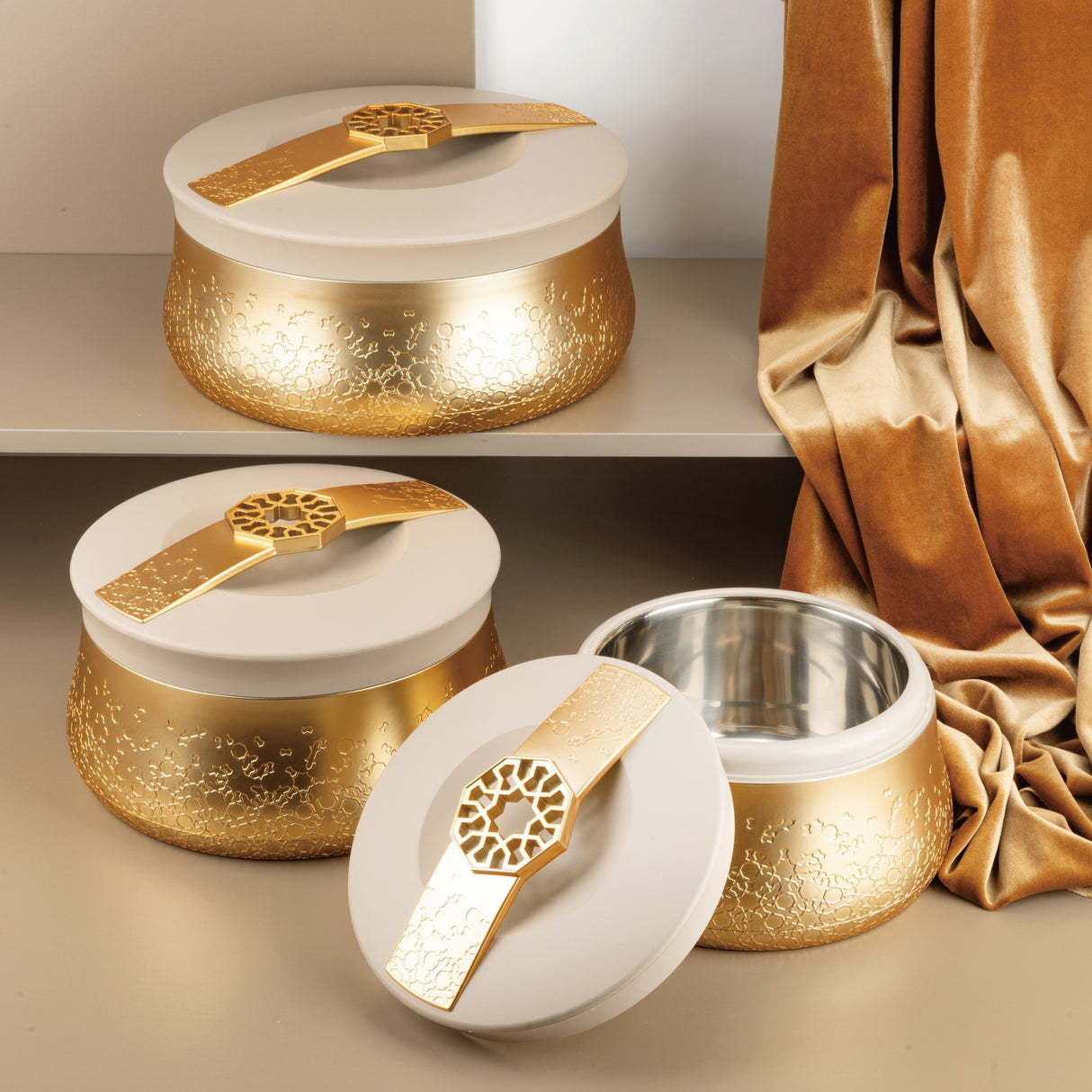 Nourhan - Food Thermos/ Warm Serv (Set of 3) - Gold & Beige