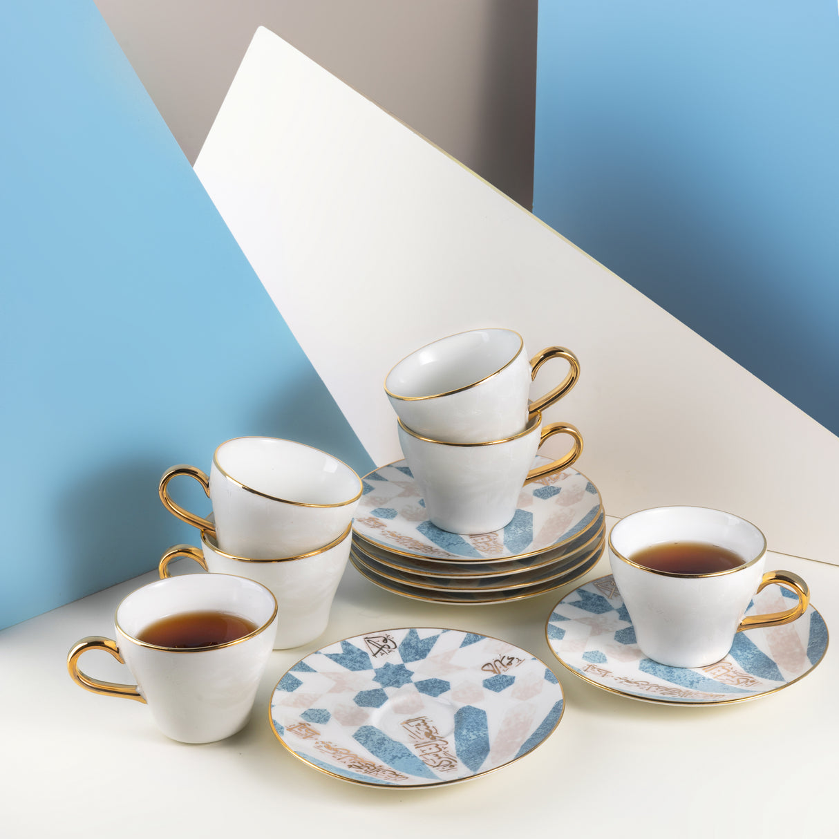 Amal - Tazas de capuchino, (12 piezas) - Azul y dorado