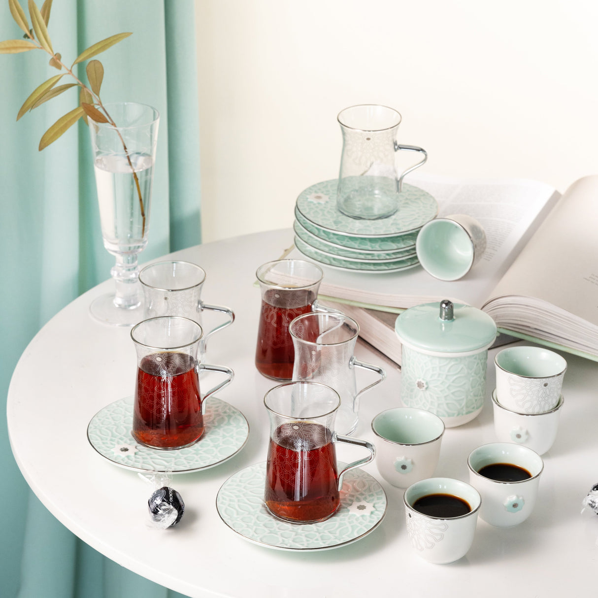 Asala - Tea Set (19-Pc) - Teal & Silver