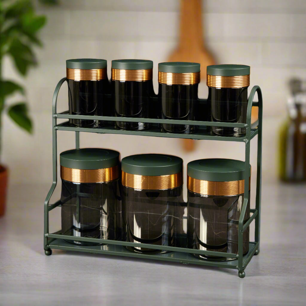 Luxury Majlis - 6 Jar Spice with 2 Tier Rack - Green & Gold