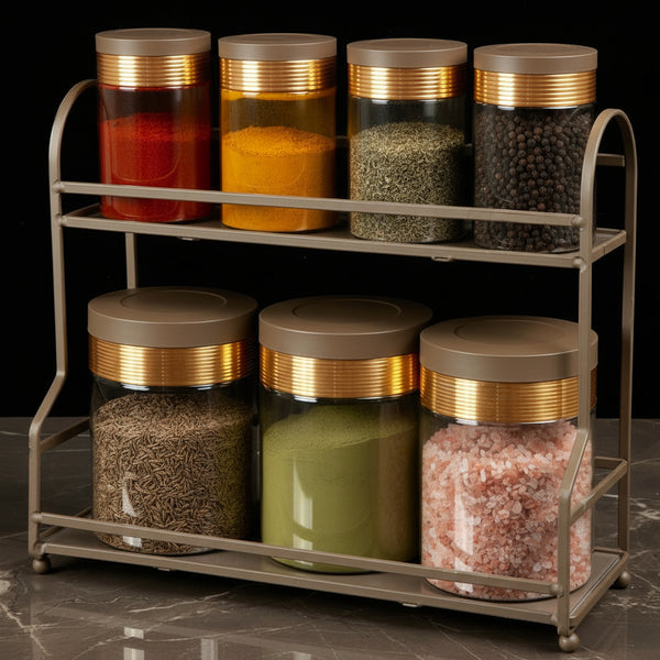Luxury Majlis - 6 Jar Spice with 2 Tier Rack - Brown & Gold