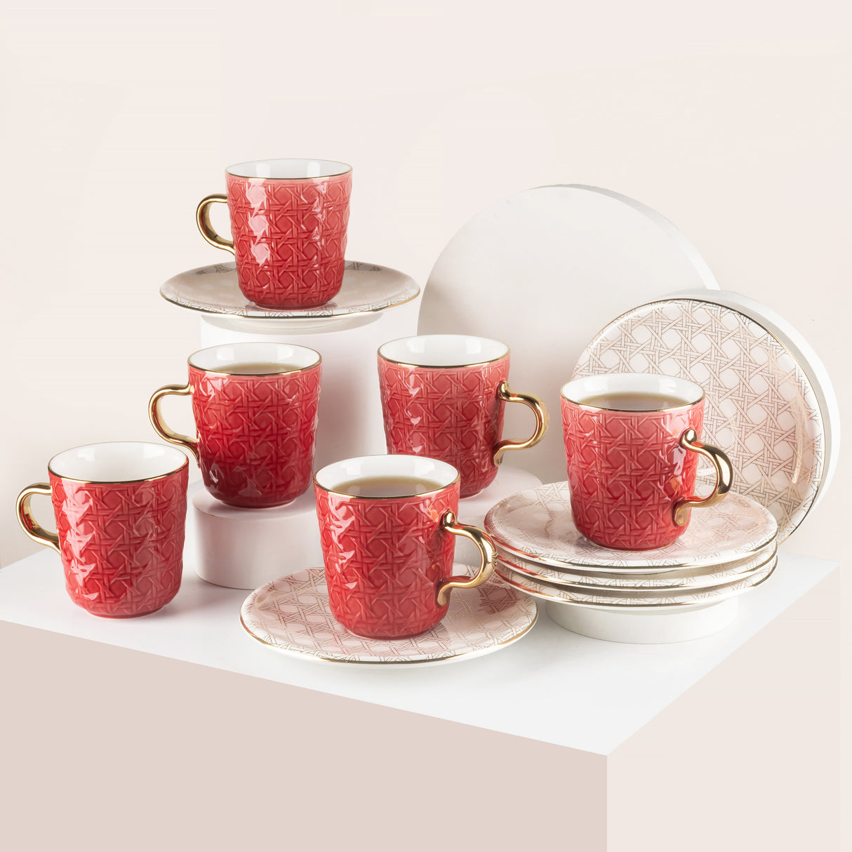 Turkish  Coffee Set 12Pcs From Rattan - Red