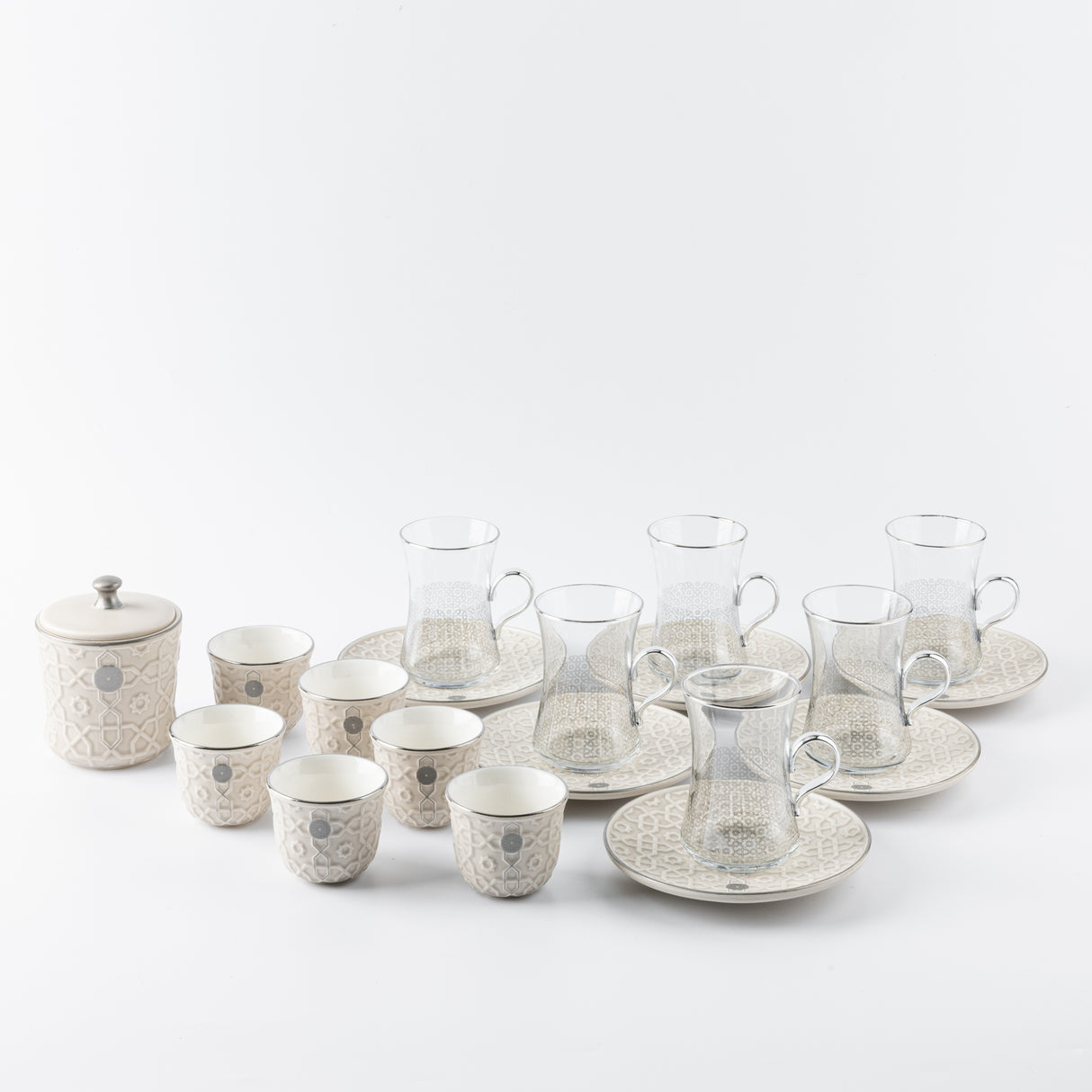 Rosette - Tea Set (19-Pc) - Beige & Silver