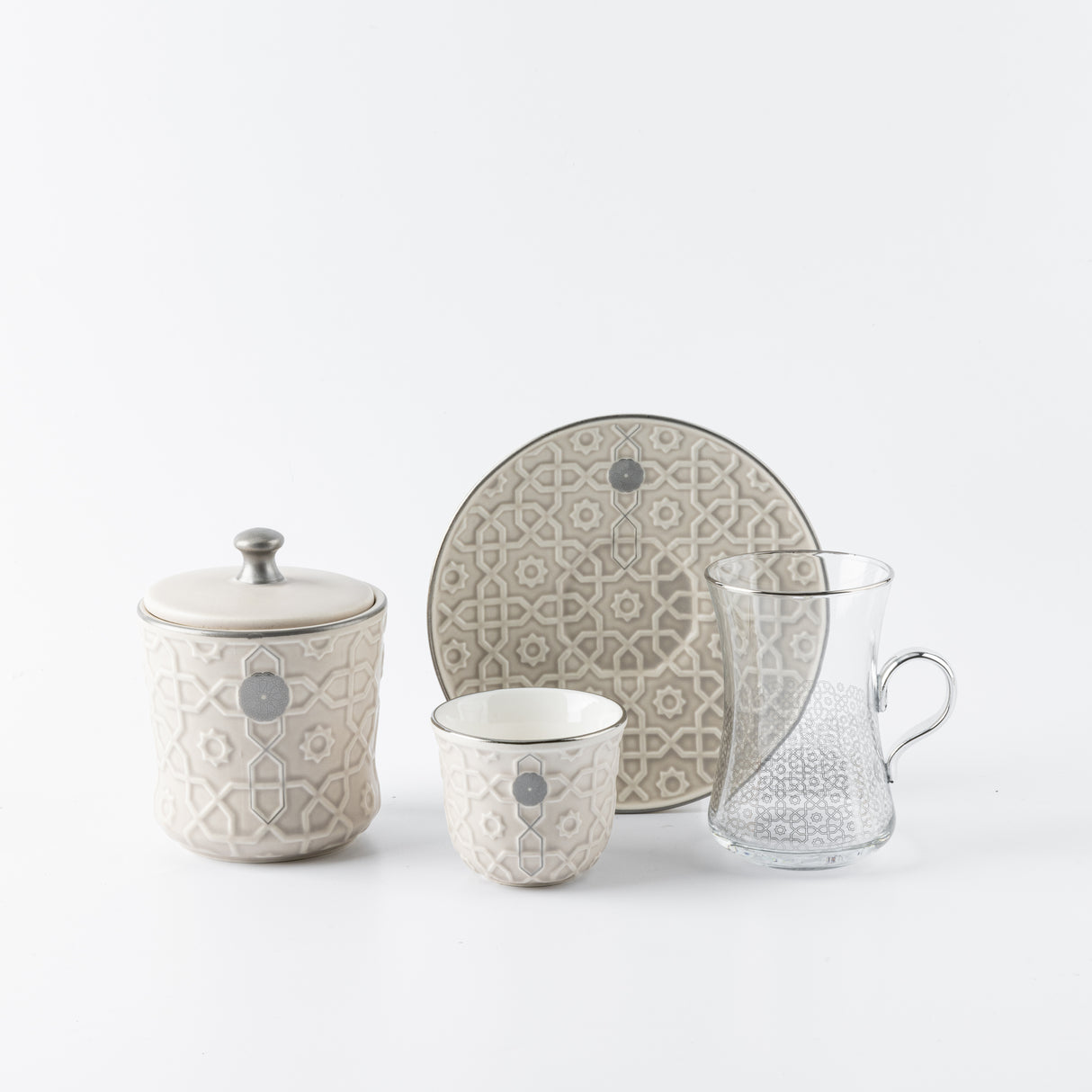 Rosette - Tea Set (19-Pc) - Beige & Silver