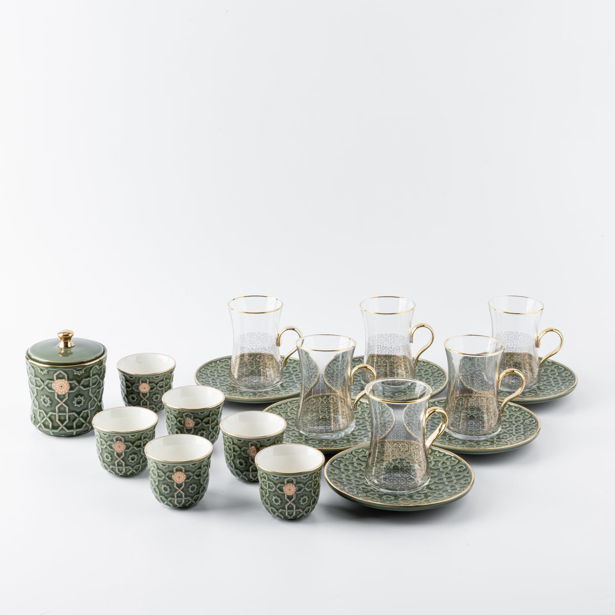 Rosette - Tea Set (19-Pc) - Green & Gold