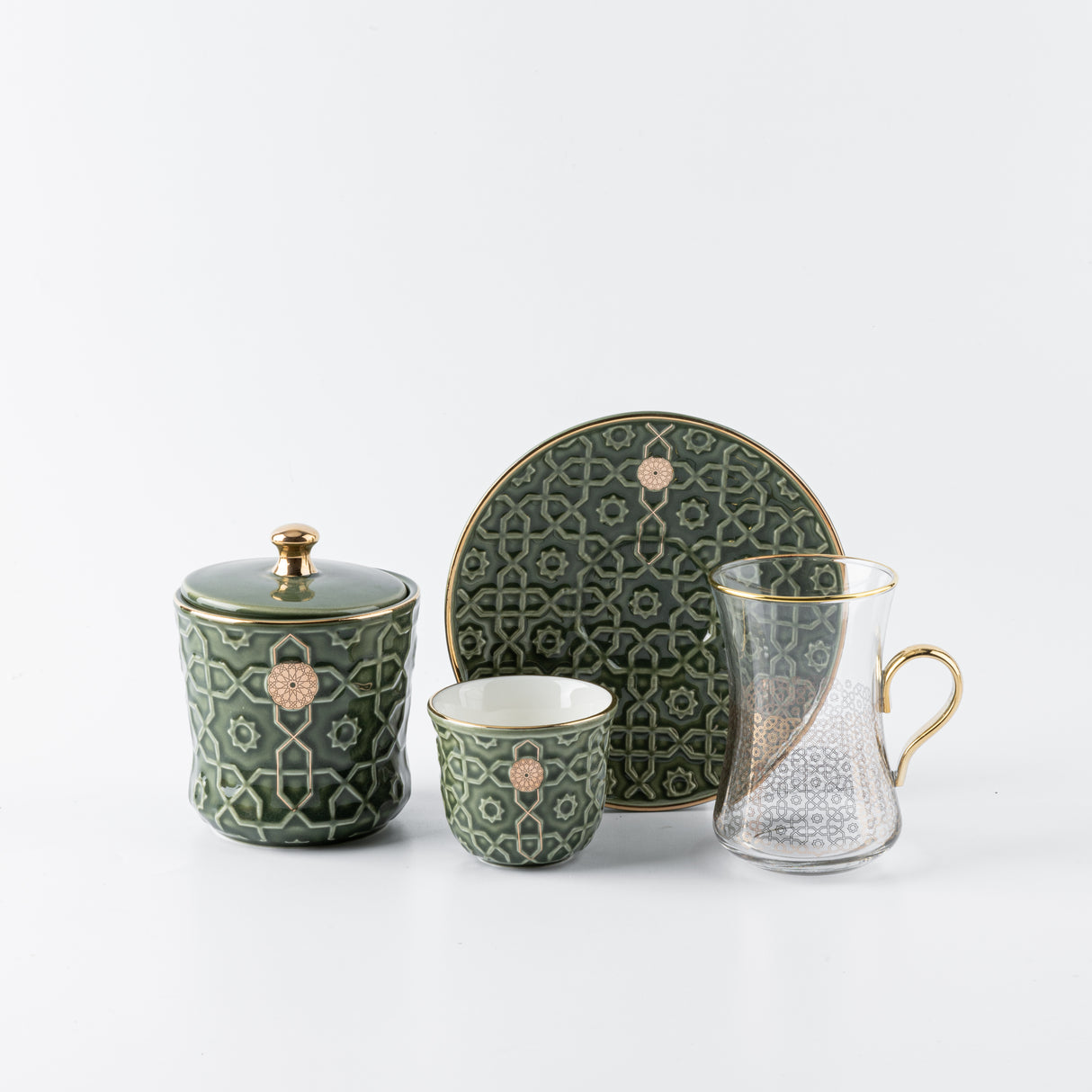 Rosette - Tea Set (19-Pc) - Green & Gold