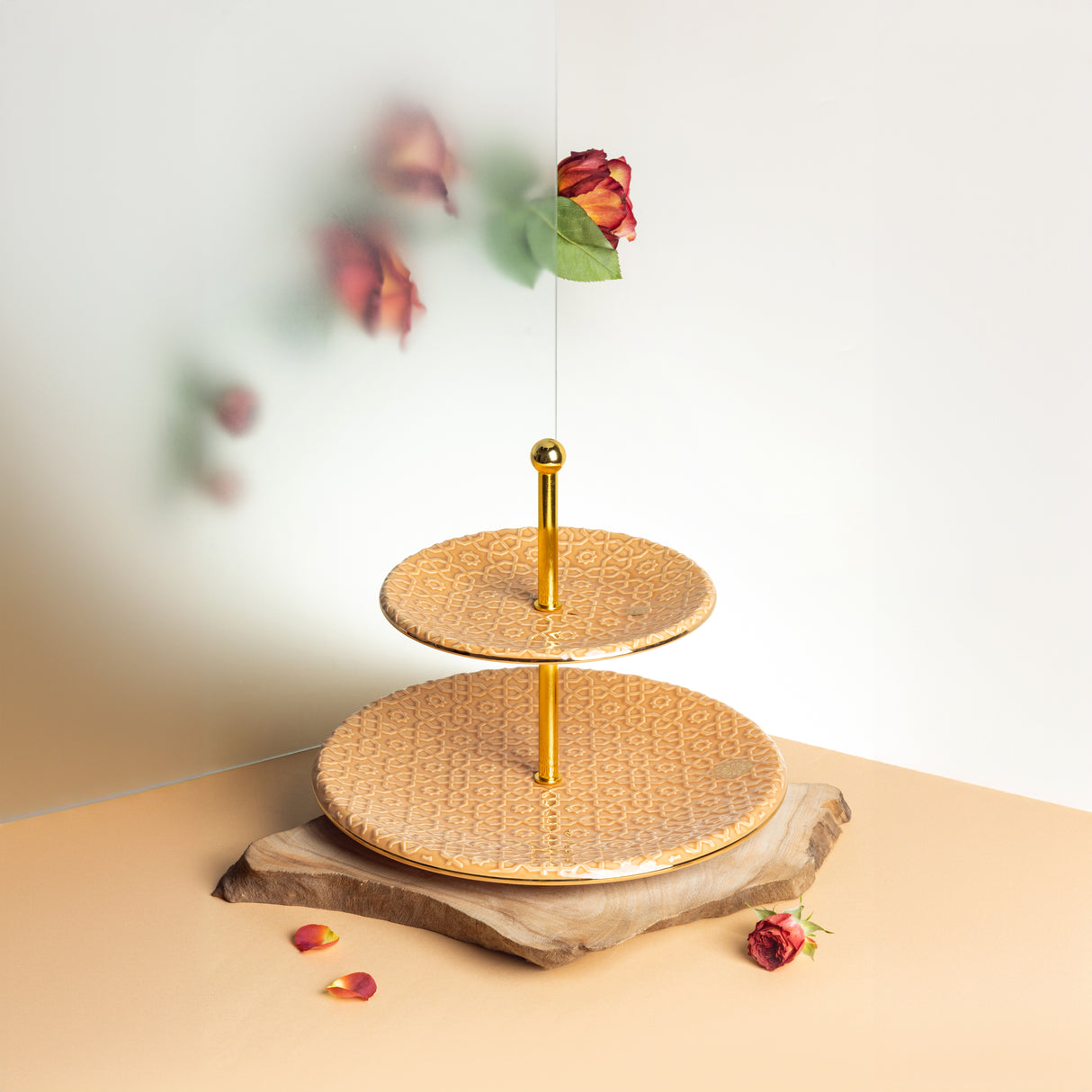 Rosette - 2- Tier Serving Platter - Orange & Gold