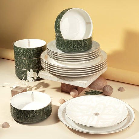 Diwan - Dinner Set (18-Pc) - Olive Green & Gold