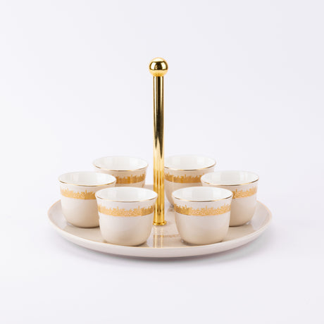 Atheer - Arabic Coffee Cups With Holder - Beige & Gold