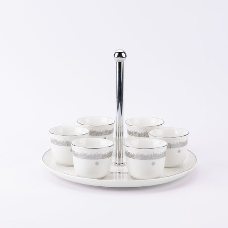 Atheer - Arabic Coffee Cups With Holder - White & Silver