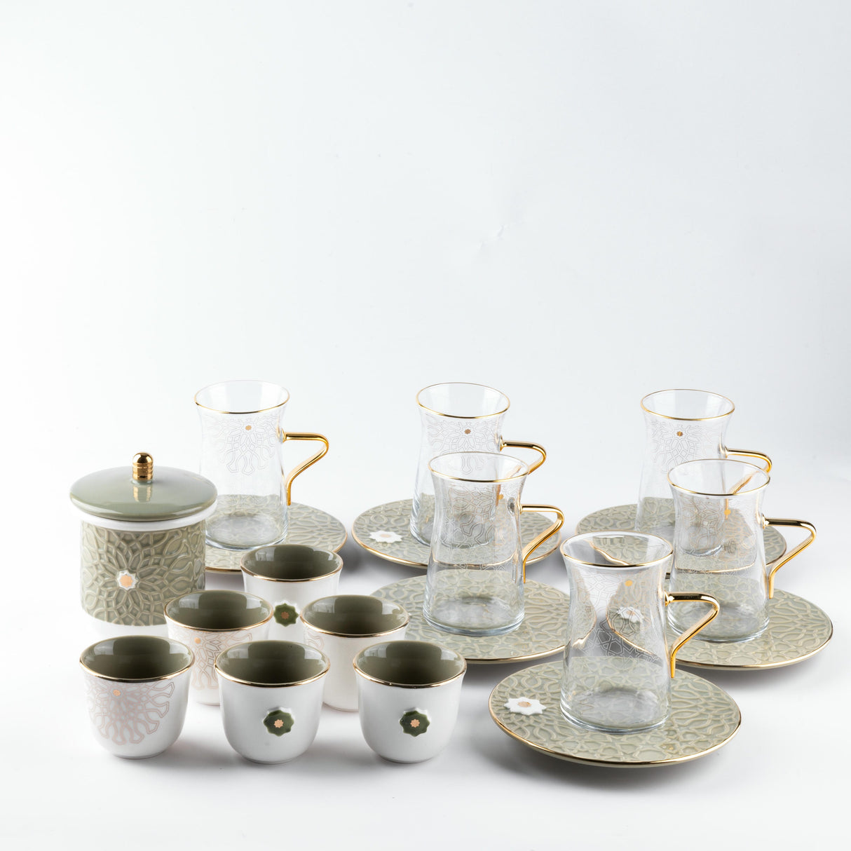 Asala - Tea Set (19-Pc) - Olive Green & Gold