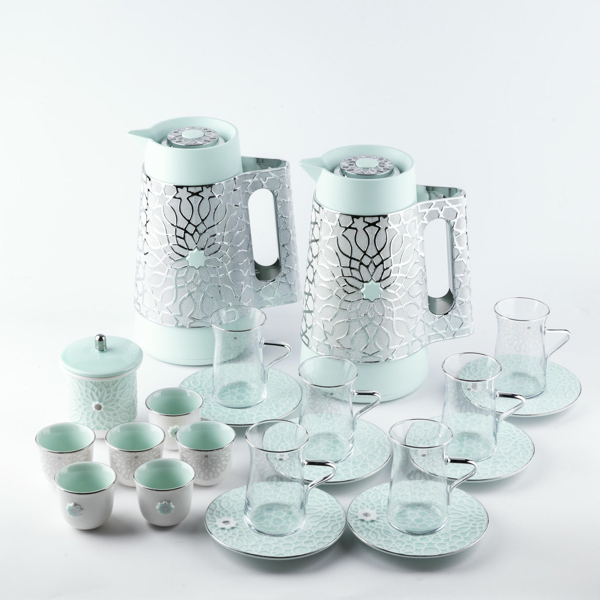 Asala - Premium Tea Set (21-Pc) - Teal & Silver