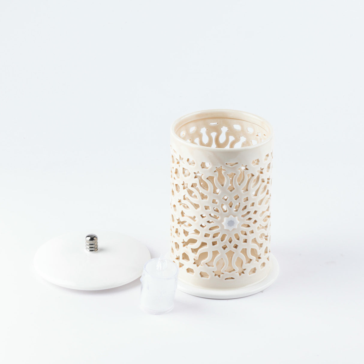 Asala - Medium Lantern Candle Holder - Beige & Silver