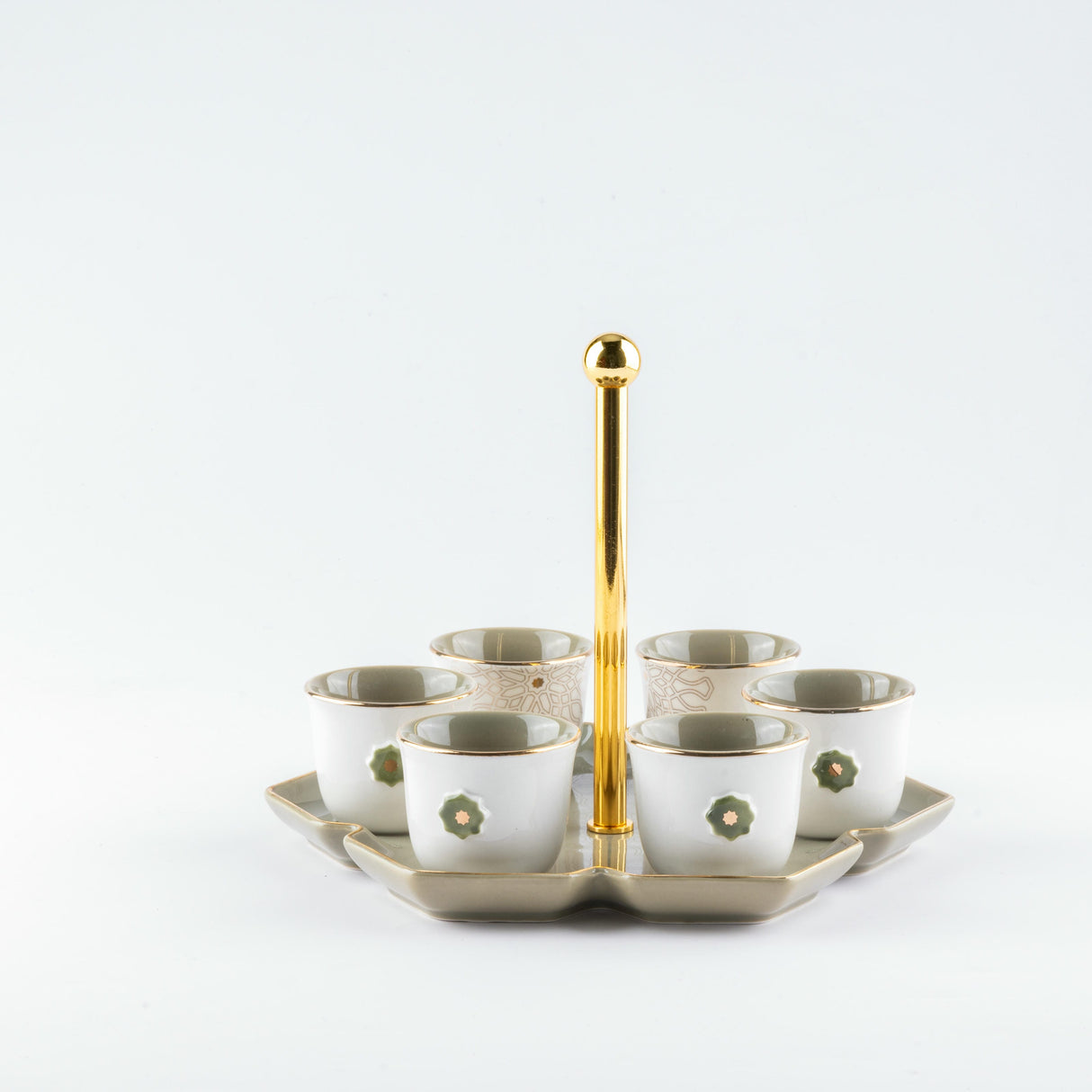 Asala - Arabic Coffee Cups With Holder - Olive Green & Gold