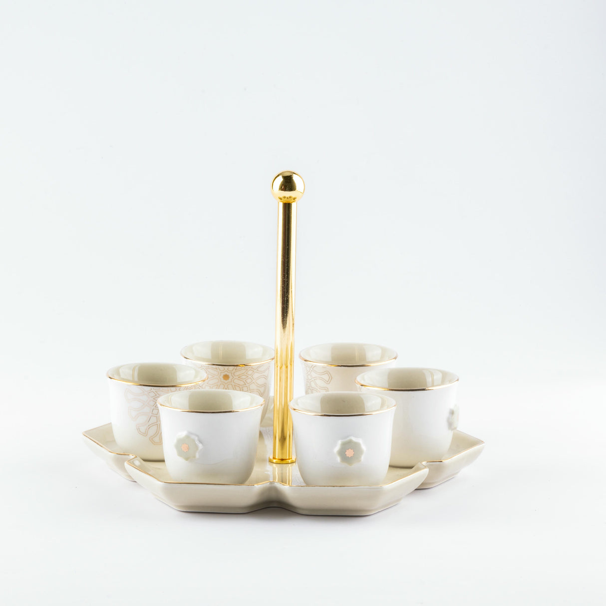 Asala - Arabic Coffee Cups With Holder - Beige & Gold