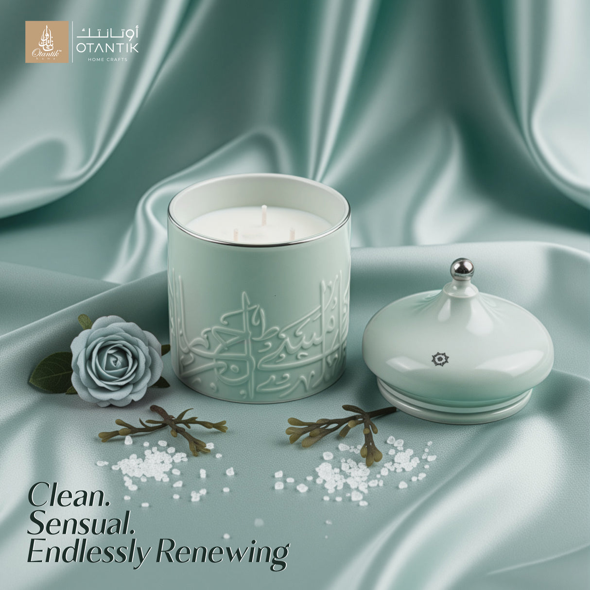 Jiwar -  Medium Candle| Sea Rose - Mint Green & Silver