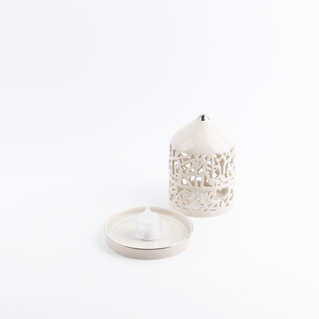 Jiwar - Small Lantern Candle Holder - Beige & Silver