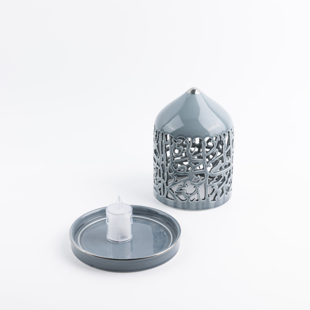 Jiwar - Medium Lantern Candle Holder - Haze Blue & Silver