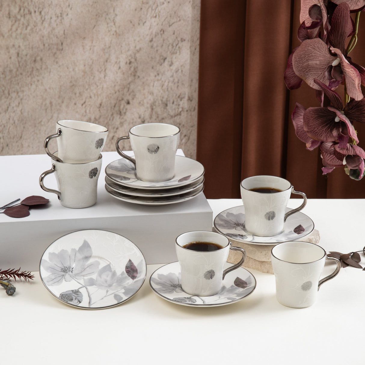 Marisella - Espresso/Turkish Coffee Set (12-Pc) - Grey & Silver