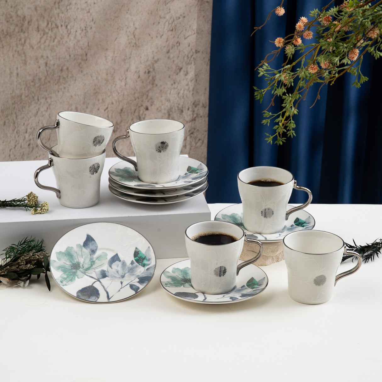 Marisella - Cappuccino Set (12-Pc) - Blue & Silver