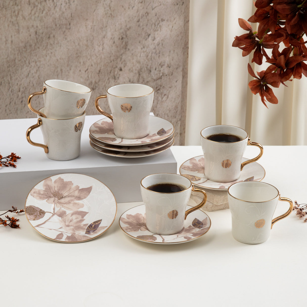 Marisella - Cappuccino Set (12-Pc) - Pink & Gold