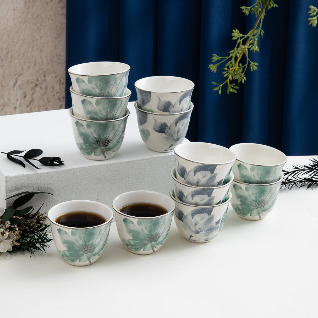 Marisella - Arabic Coffee Cups Set (12-Pc) - Blue & Silver