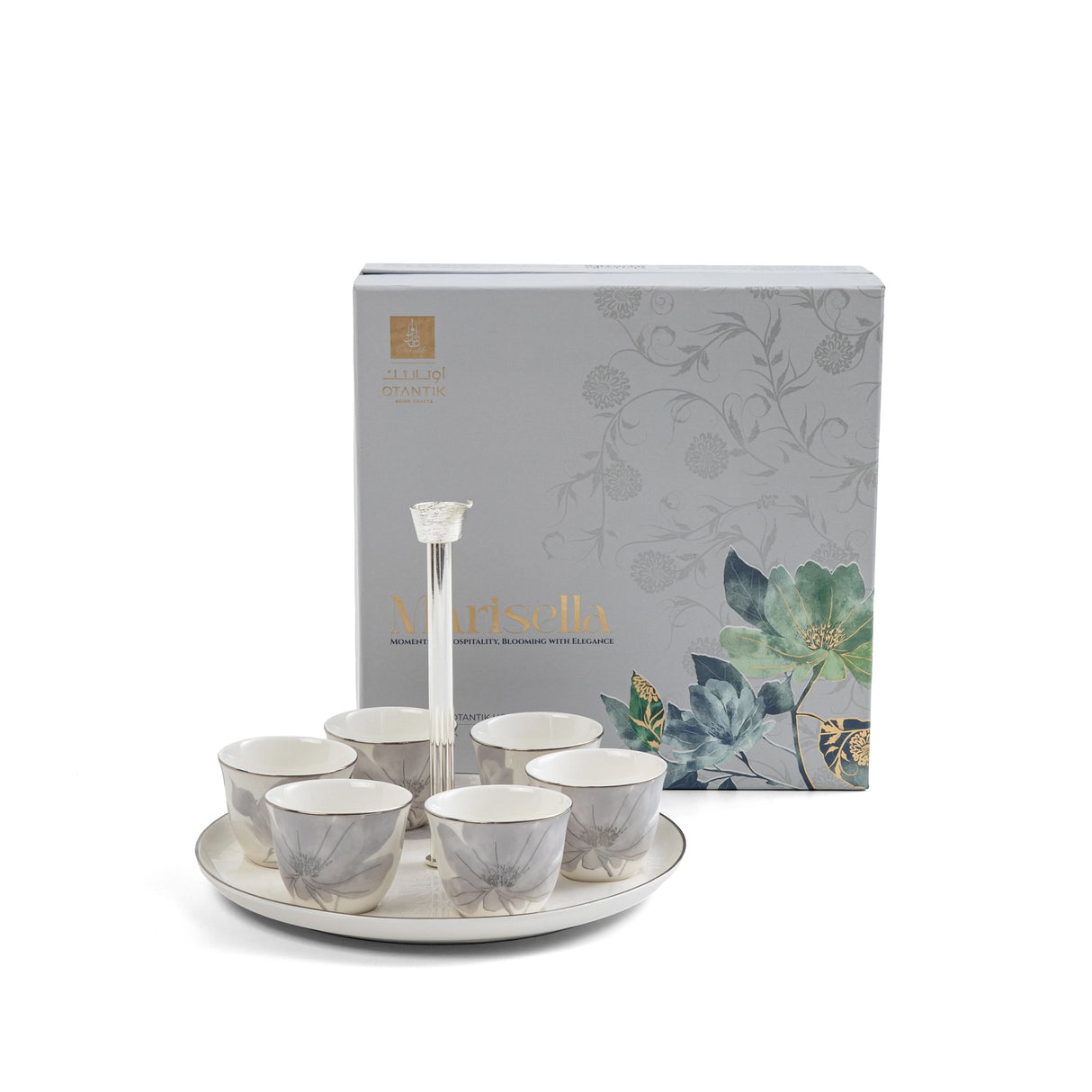 Marisella - Arabic Coffee Cups With Holder - Grey & Silver