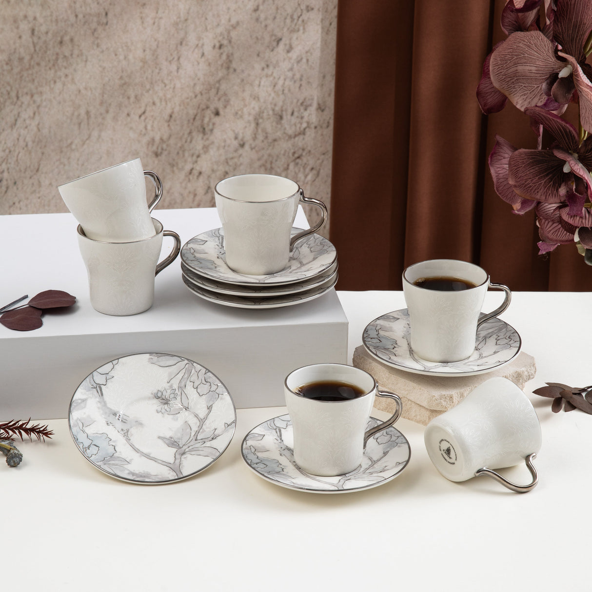 Khuzama - Espresso/Turkish Coffee Set (12-Pc) - Grey & Silver