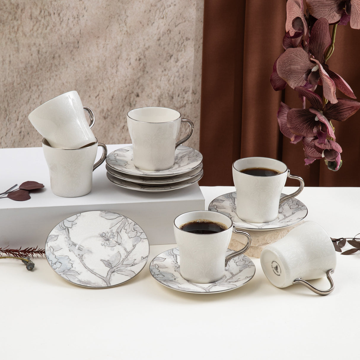 Khuzama - Cappuccino Set (12-Pc) - Grey & Silver