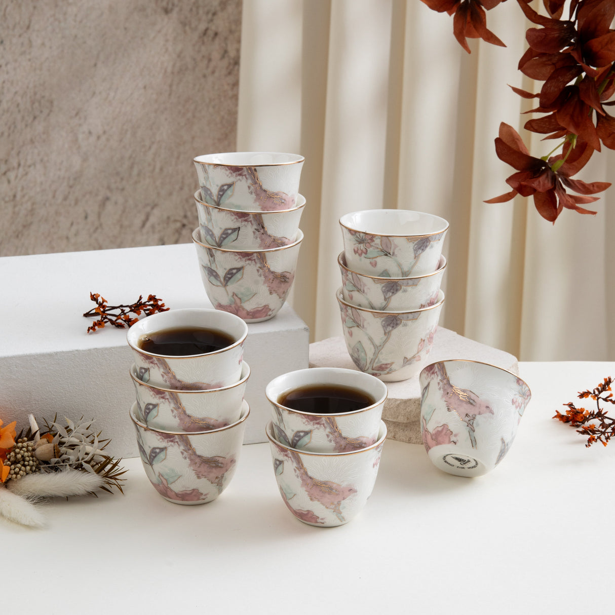 Khuzama - Arabic Coffee Cups Set (12-Pc) - Pink & Gold