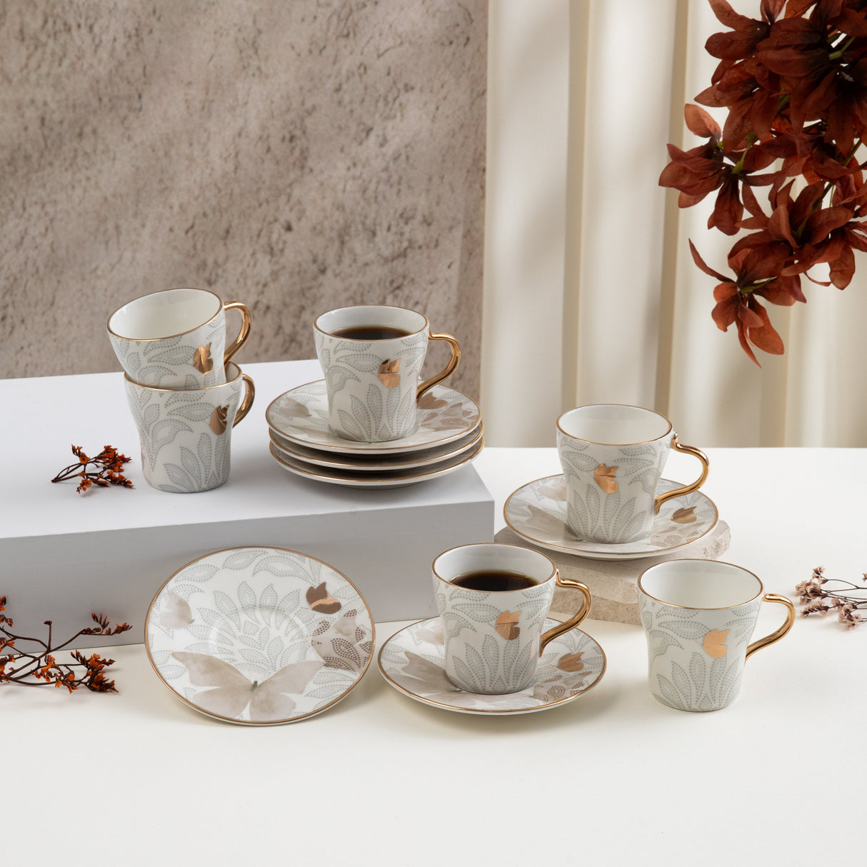 Veloura - Espresso/Turkish Coffee Set (12-Pc) - Brown & Gold