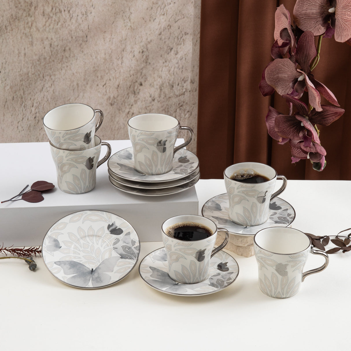 Veloura - Cappuccino Set (12-Pc) - Grey & Silver