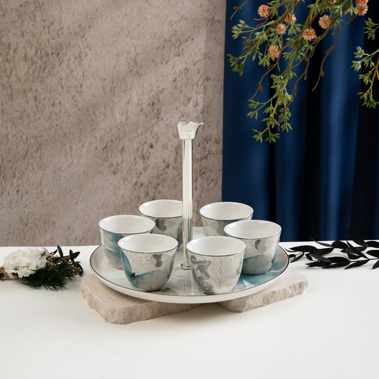 Veloura - Arabic Coffee Cups With Holder - Blue & Silver