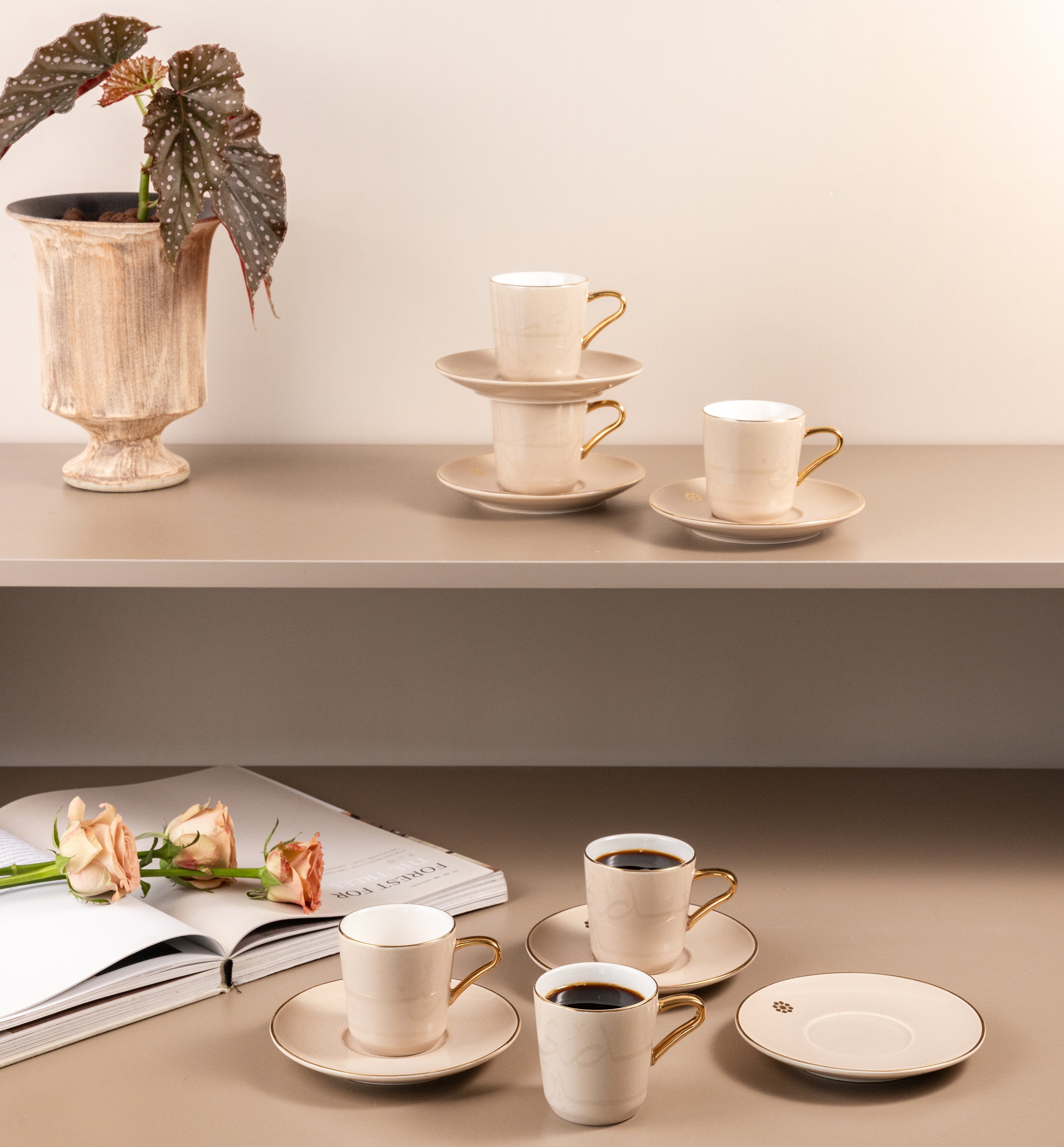 Mirral - Espresso/Turkish Coffee Set (12-Pc) - Beige & Gold