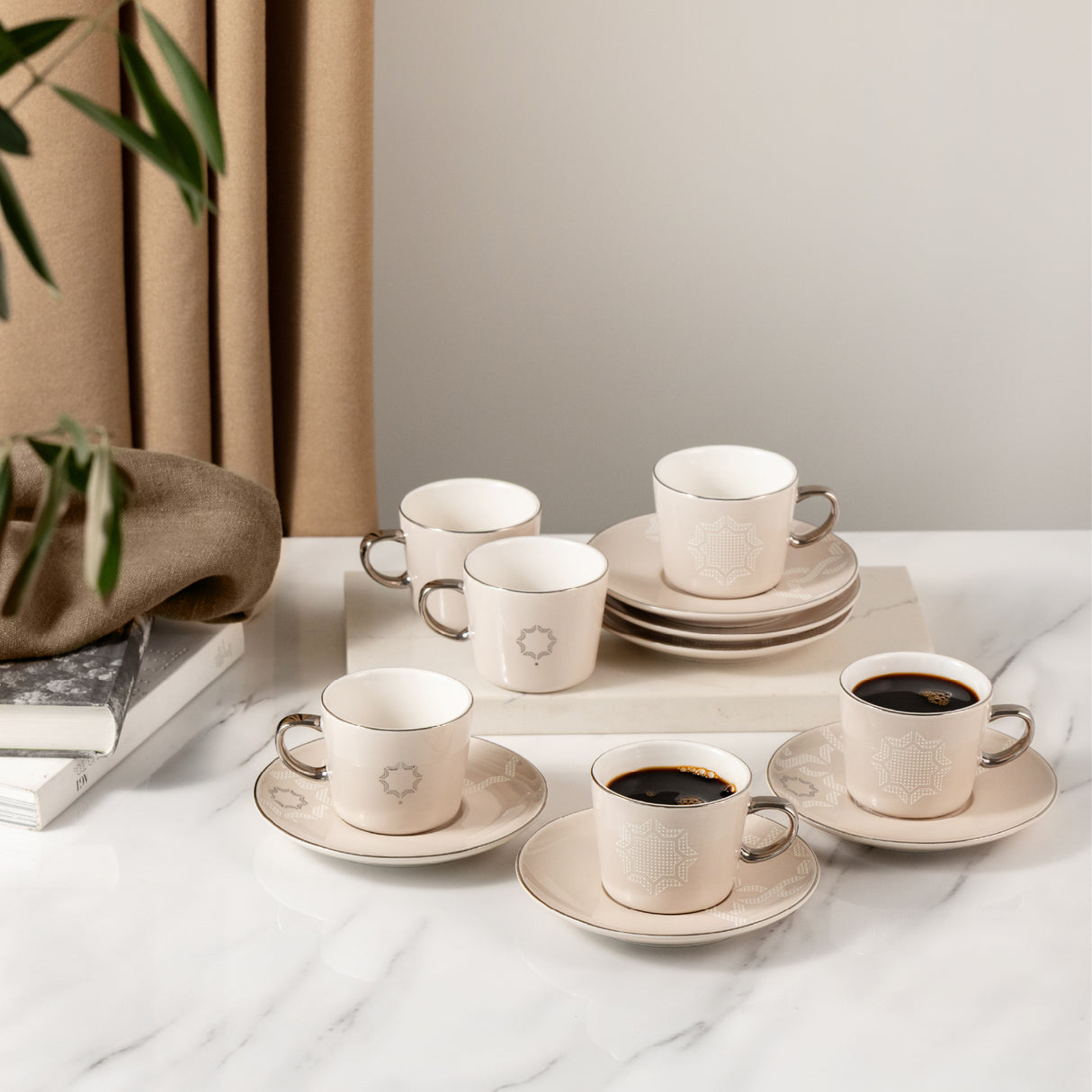 Octara - Espresso/Turkish Coffee Set (12-Pc)- Beige & Silver