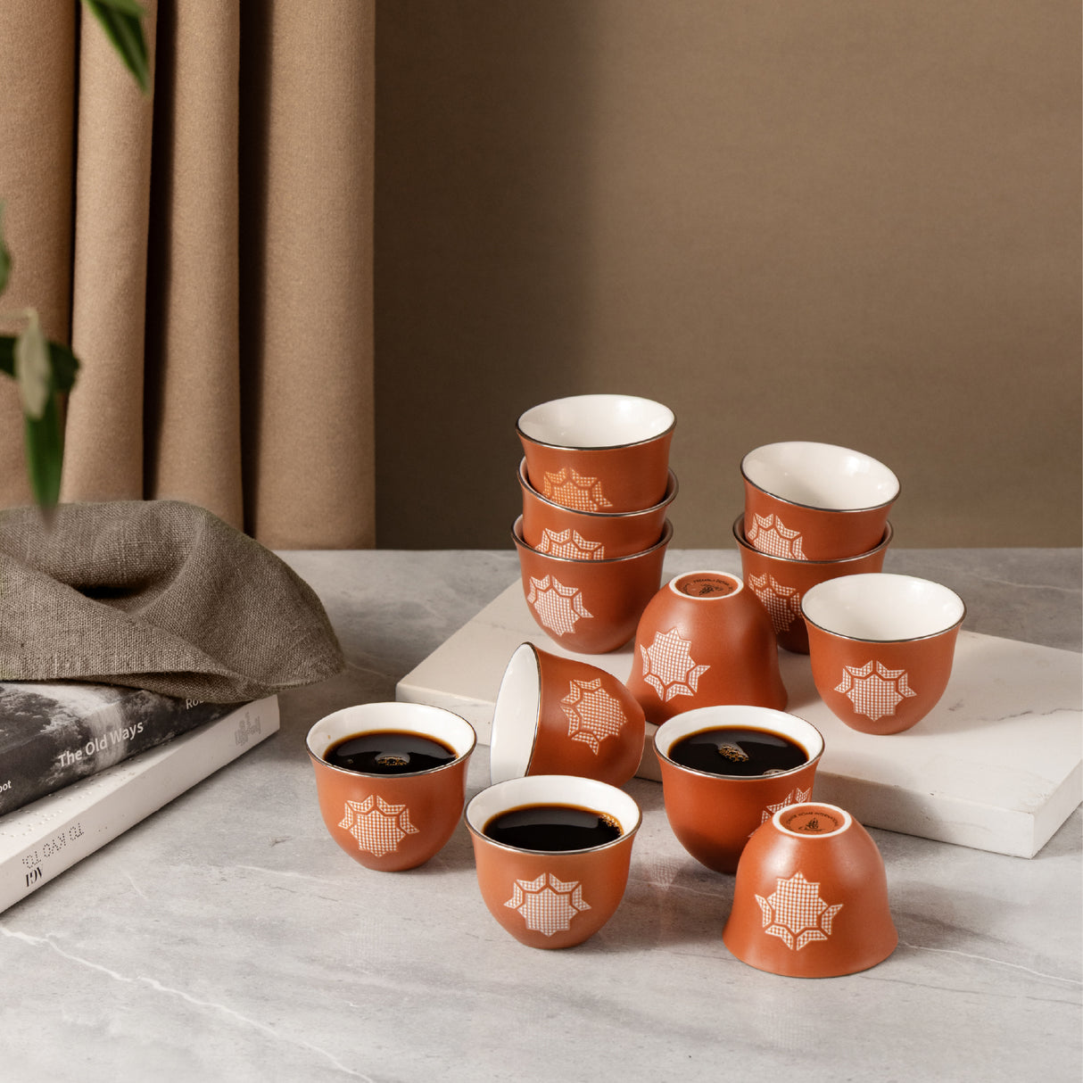 Octara - Arabic Coffee Cups Set (12-Pc) - Orange & Silver