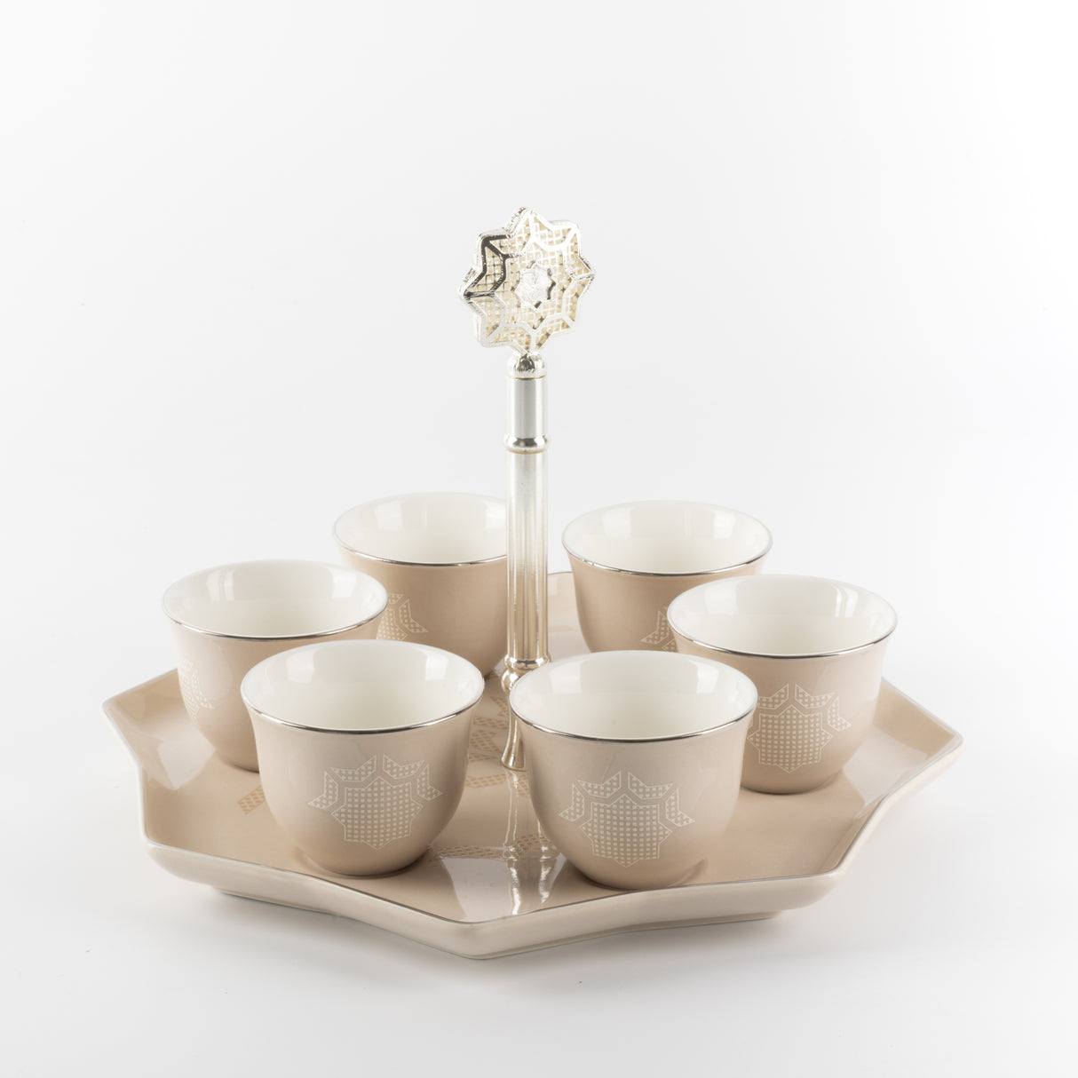 Octara - Arabic Coffee Cups With Holder - Beige & Silver