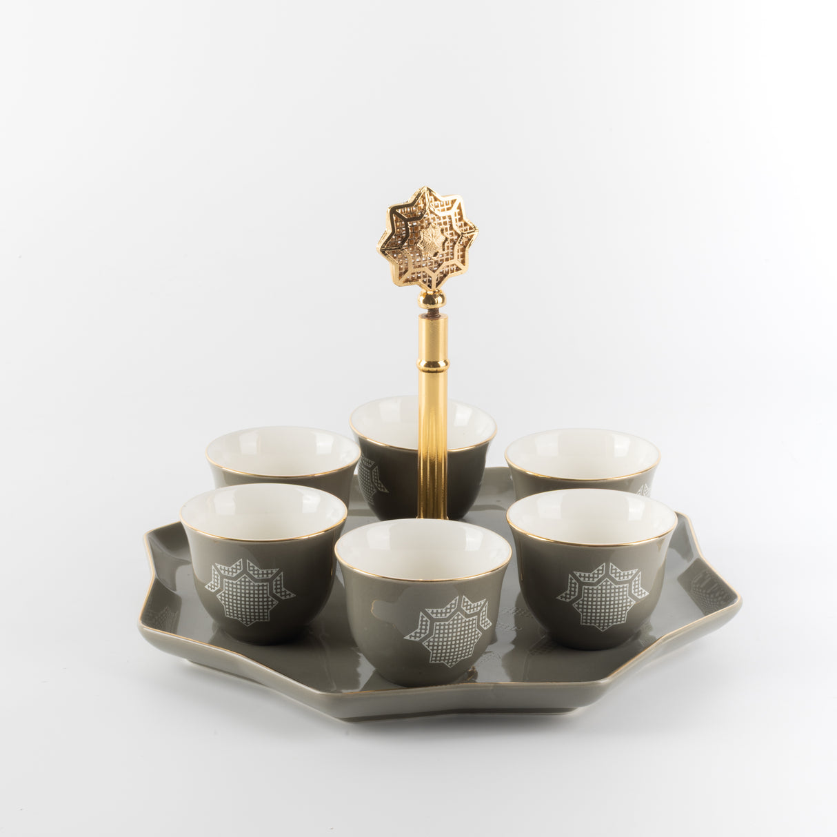Octara - Arabic Coffee Cups With Holder - Grey & Gold
