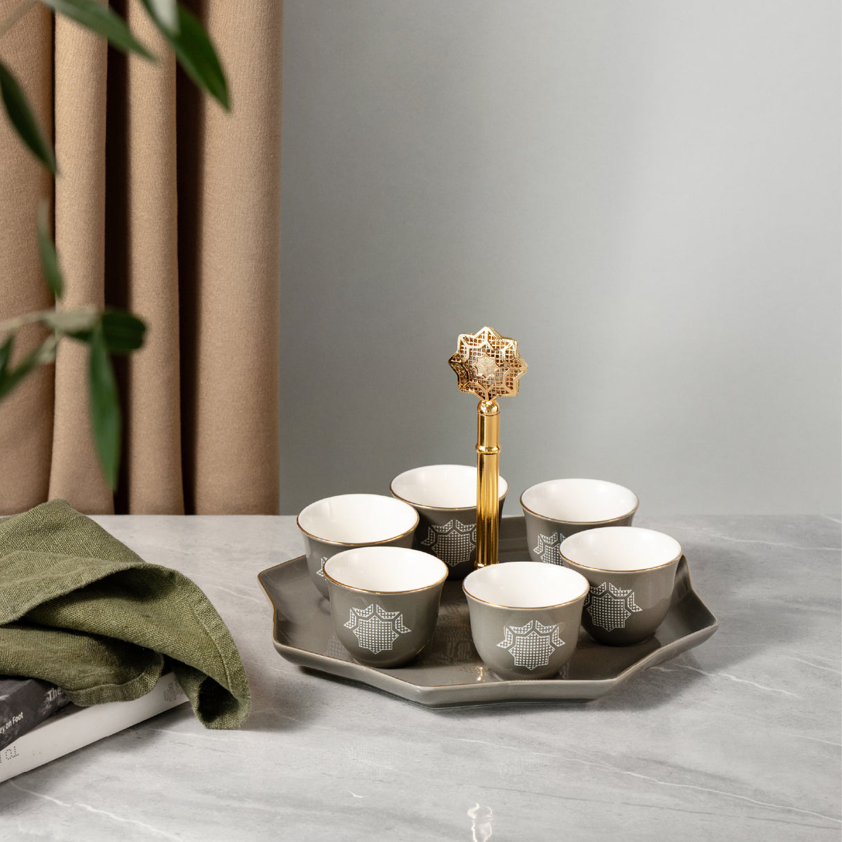 Octara - Arabic Coffee Cups With Holder - Grey & Gold