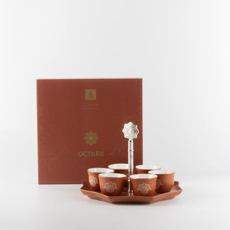 Octara - Arabic Coffee Cups With Holder - Orange & Silver