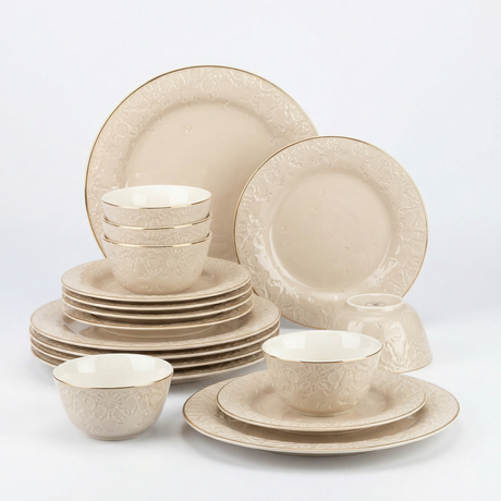 Nourhan - Dinner Set (18-Pc)- Beige & Gold