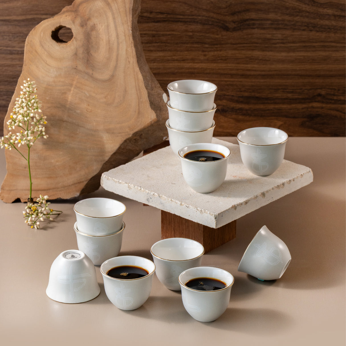 Sidrah - Arabic Coffee Cups Set (12-Pc) - Walnut Gold