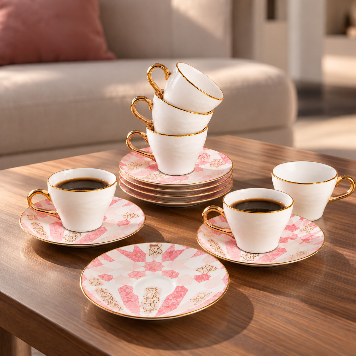 Amal - Tazas de café expreso/turco, (12 piezas) - Rosa y dorado