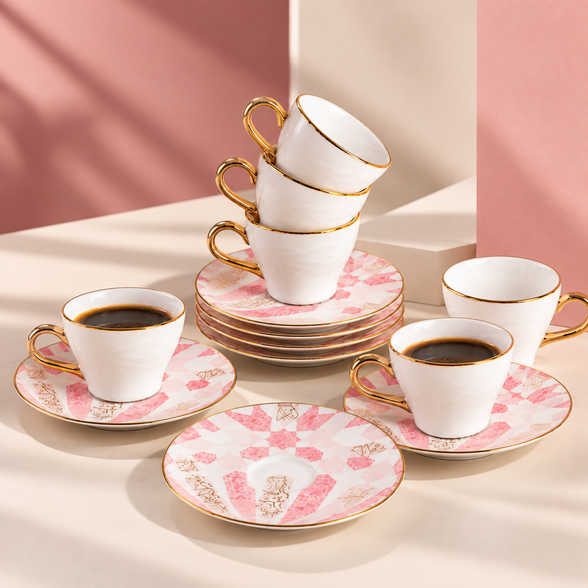 Amal - Tazas de café expreso/turco, (12 piezas) - Rosa y dorado