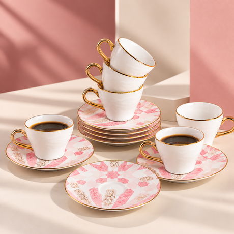Amal - Espresso /Turkish Coffee Cups, (12-Pc)- Pink & Gold